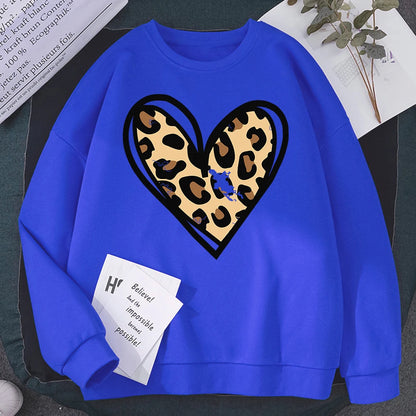 Sweat-shirt d'hiver Harajuku pour femme, imprimé léopard incomplet, imprimé cœur, sweat à capuche, chaud, col ras du cou, polaire confortable