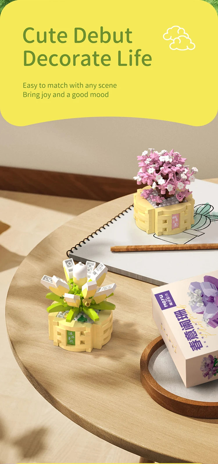 Potted Flower Basket Building Blocks Creative Bonsai Plant Bouquet Model Bricks Diy Home Decoration Kids Toy Girls Holiday Gifts
