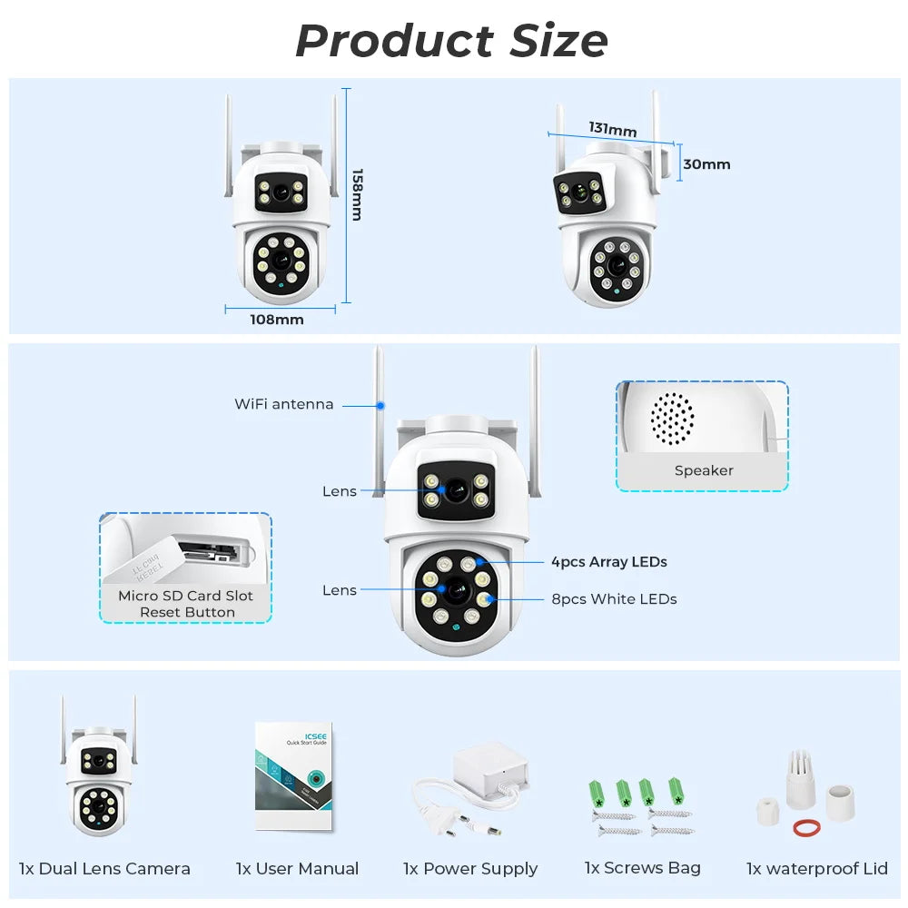 Cámara BESDER 4K 8MP Wifi PTZ para exteriores con pantallas duales, detección humana, lentes duales, protección de seguridad de 4MP, cámara IP, audio, aplicación iCSee