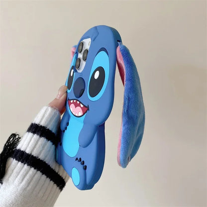 Stitch 3D Silicone Cartoon Phone Case for IPhone 14 13 12 11 15 Pro Max Fluffy Fur Plush Ear Sleeves Gift for Girls and Boys