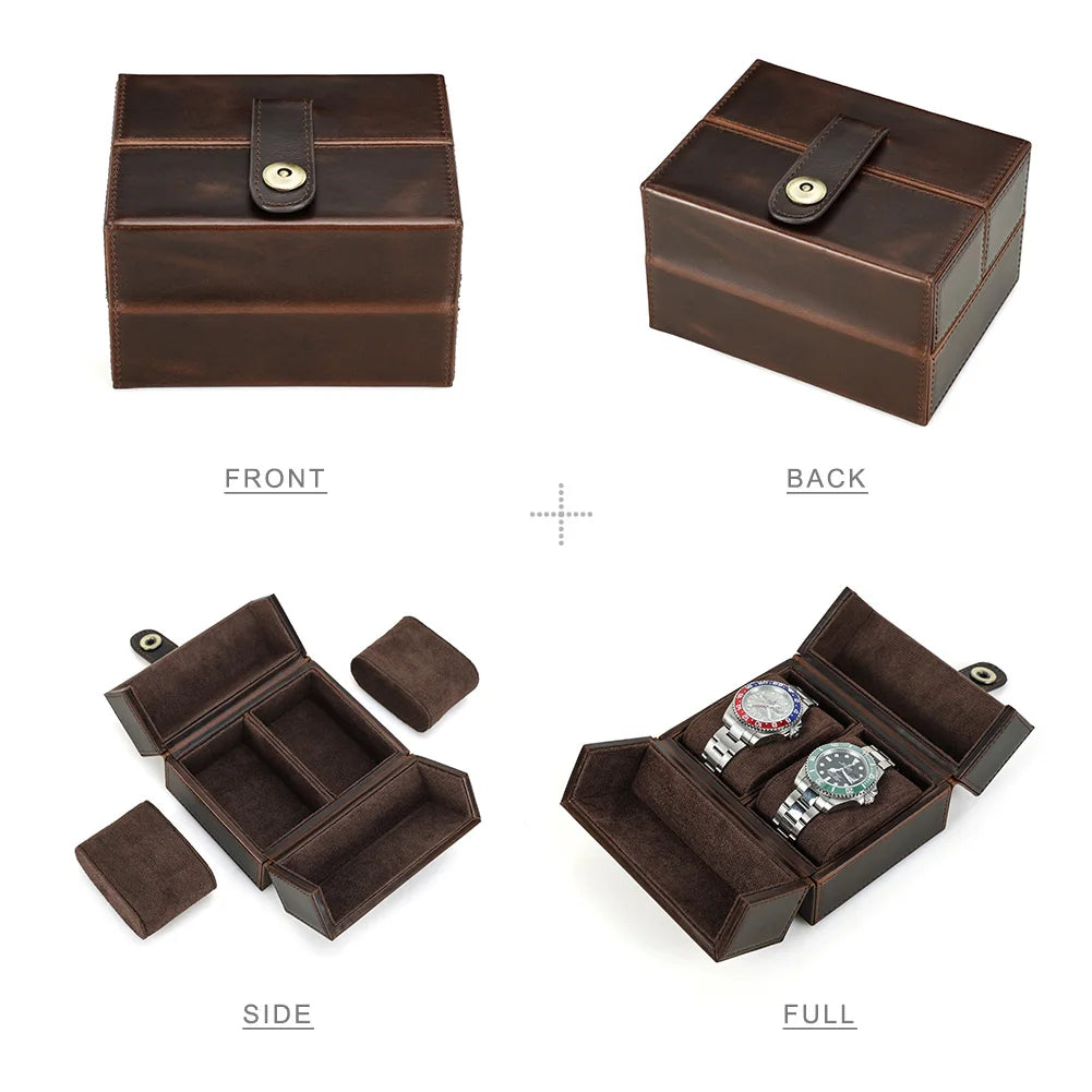 Retro Luxury Genuine Leather 2 Slots Watch Roll Case Travel Portable Organizer Display Storage Box with Pillow Handmade Gifts