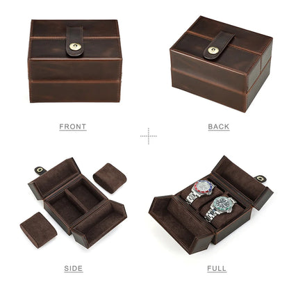 Retro Luxury Genuine Leather 2 Slots Watch Roll Case Travel Portable Organizer Display Storage Box with Pillow Handmade Gifts