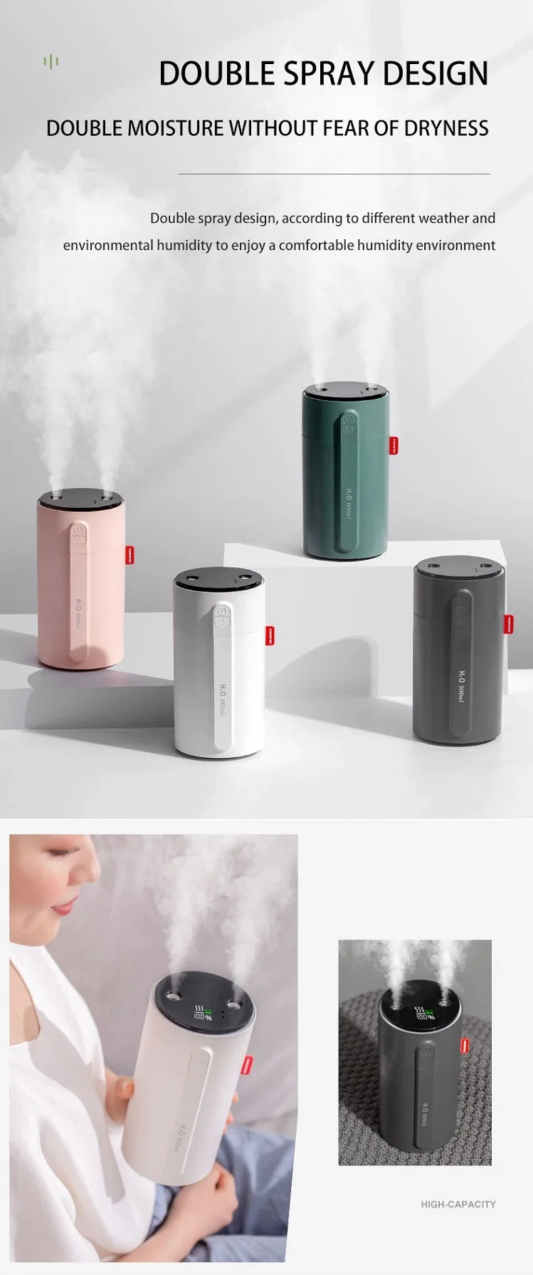 800ML Smart Induction Air Humidifier 2000mAh Battery USB Rechargeable Essential Oil Diffuser Air Humidifier for Home Car