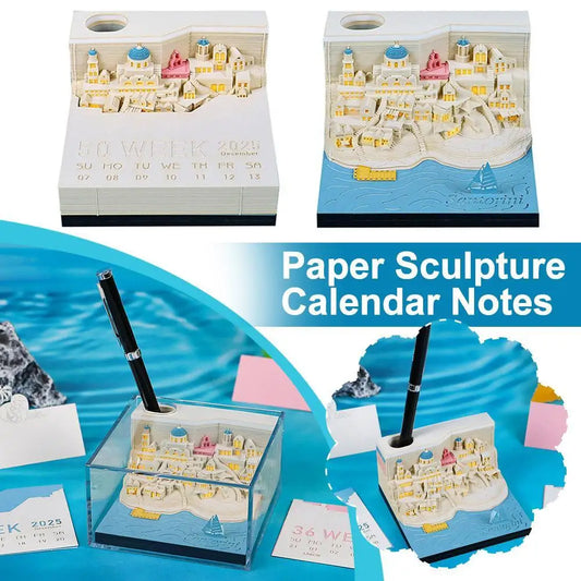2025 Calendar 3D Notepad Block Santorini 3D Art Calendar With Led Lihjt Memo Pad Paper Notes Desk Decor Birthday Christmas Gift