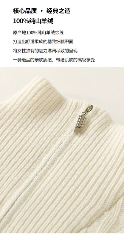 Thick Sweater Women High Quality100% Cashmere Warm Winter Long Sleeve Top Turn-down Collar Zipper Vintage Pullover