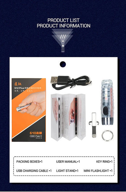 TUNENGE Mini LED Flashlight Super Bright S12 PLUS Portable Torch 600LM Waterproof Work Light Keychain Built-in Battery Magnetic
