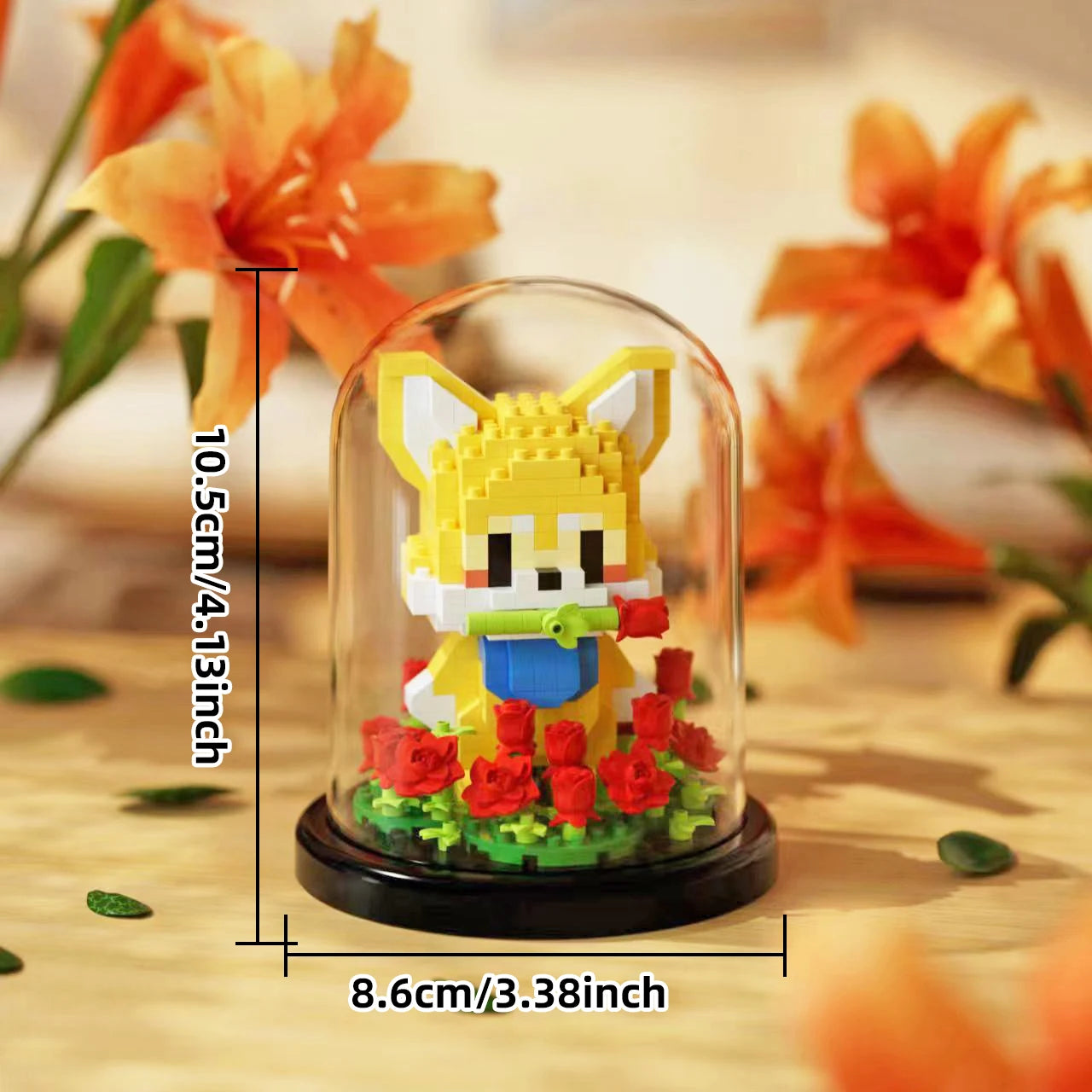 Animal potted plant assembly block with dust cover, sunflower rose flower block, puppy eternal flower assembly ornament toy