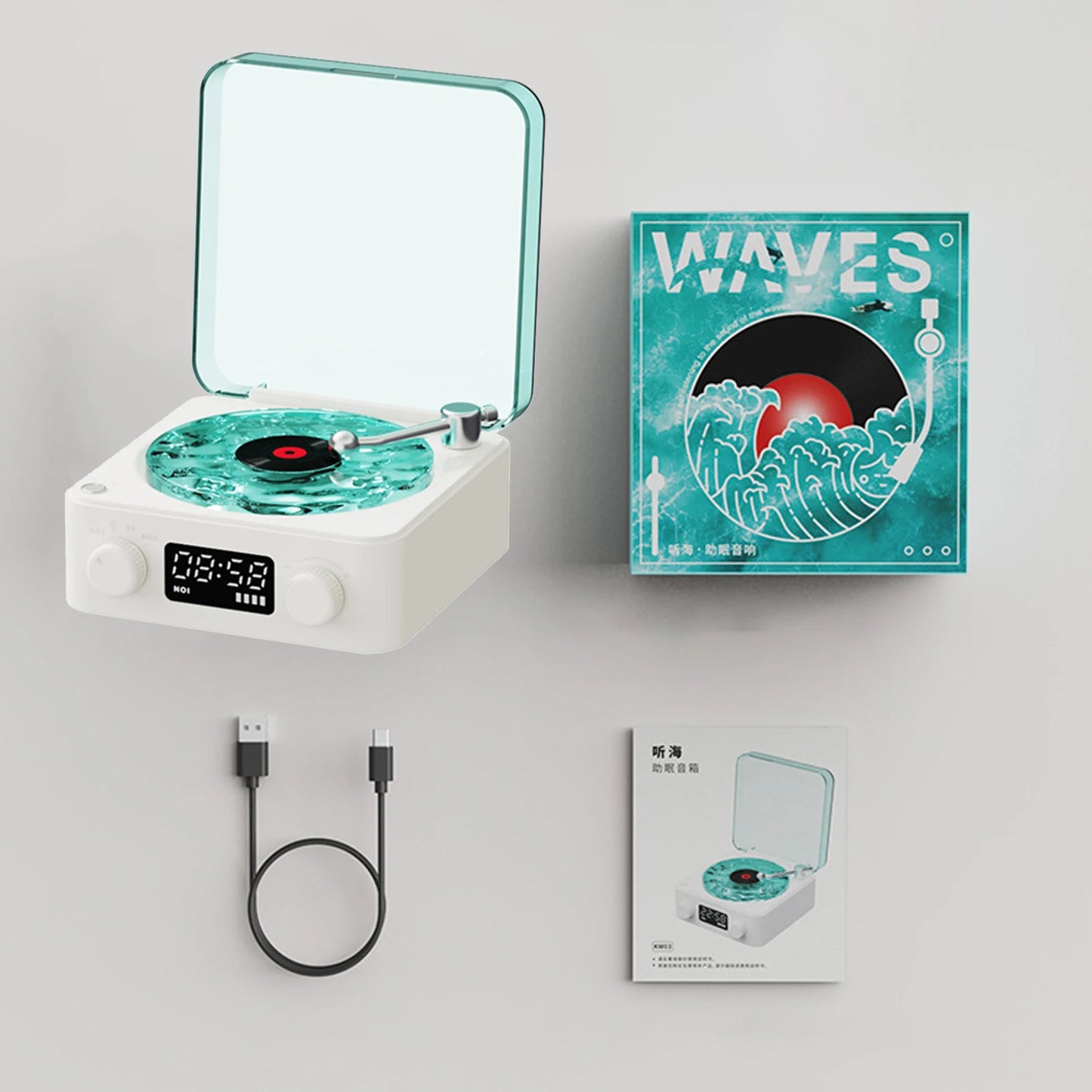 Haut-parleur Bluetooth Waves Vinyl Player avec bruit blanc, haut-parleur rétro pour platine vinyle, aide au sommeil, haut-parleur en forme de Vitrola avec lumière RVB