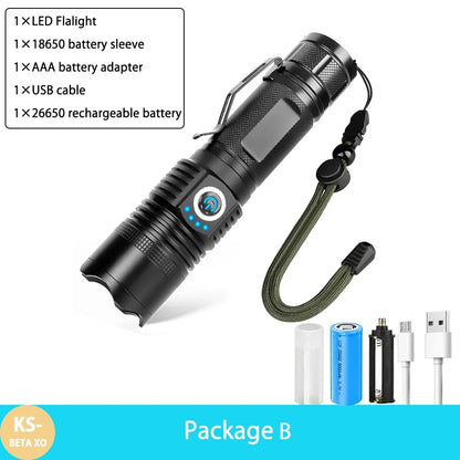 Powerful Zoom Torch Super Bright LED Flashlight USB Rechargeable Strong Light Lantern With Metal Clip 6 Modes Waterproof Lamp