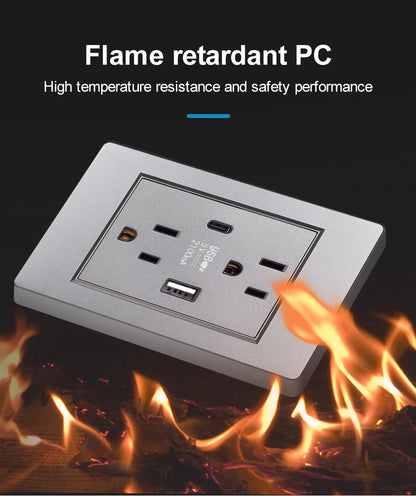 US Standard Wall Socket with USB Type-C Charging Port 5V 2.1A, 118*72mm PC Panel