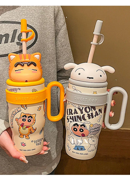 800Ml Crayon Shin-Chan 316 Stainless Steel Thermos Cup Cute Cartoon Doll Couple Water Cup Large Capacity Straw Cup Gift Toys