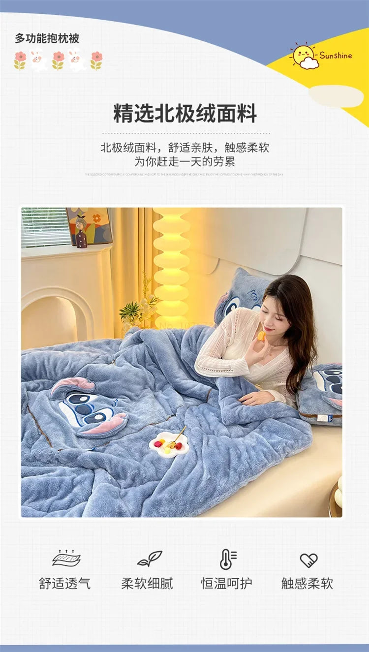 Stitch Disney Throw Pillow Blankets Two In One Kawaii Flannel Pillow Thickened Nap Blanket Living Room Cute Decoration Bedroom