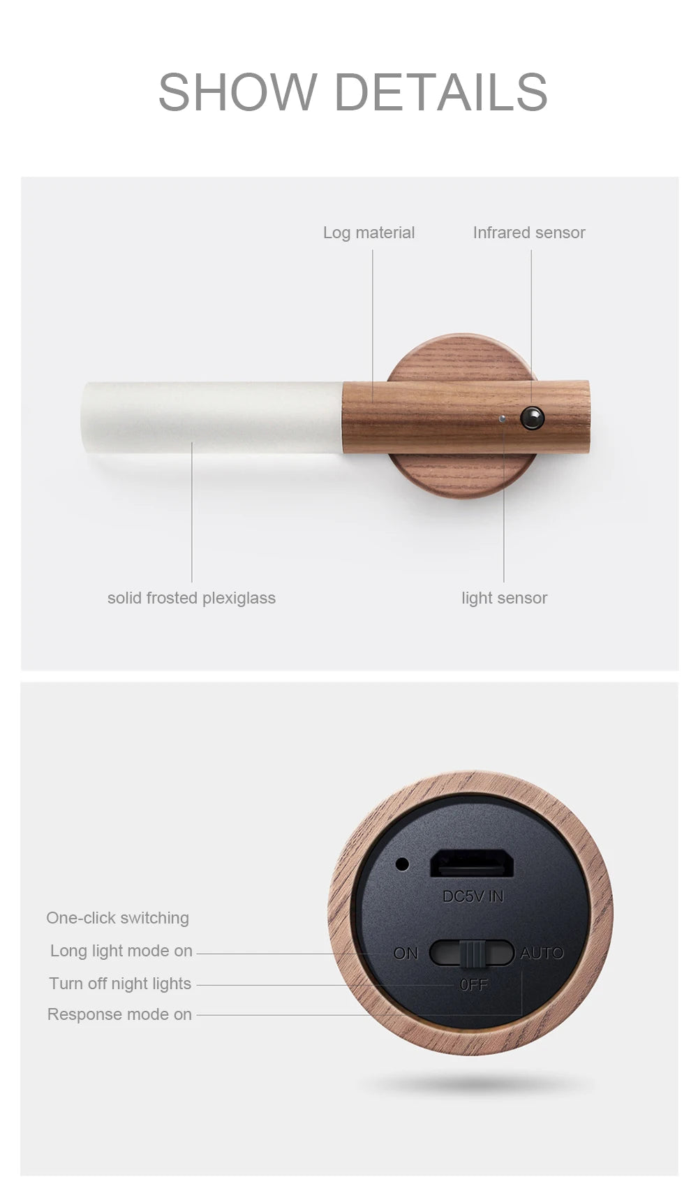 Luz LED de pared portátil e inteligente para interiores, luz nocturna para pasillo, carga USB, sensor de movimiento con grano de madera, activación por inducción