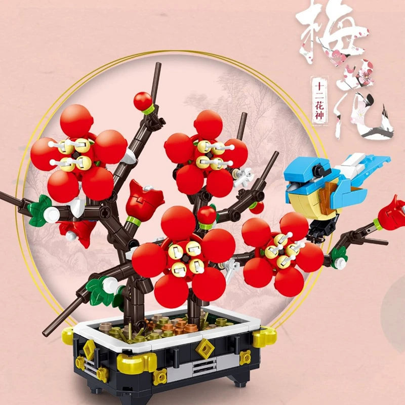Peach Blossom Romantic Flower Vase Garden Birds Potted Plants Assembly MOC Building Blocks Classic Model Bricks Sets Kids Gifts