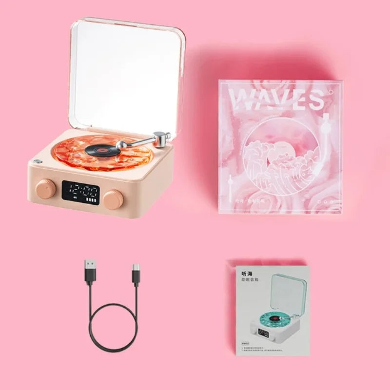 Haut-parleur Bluetooth Waves Vinyl Player avec bruit blanc, haut-parleur rétro pour platine vinyle, aide au sommeil, haut-parleur en forme de Vitrola avec lumière RVB