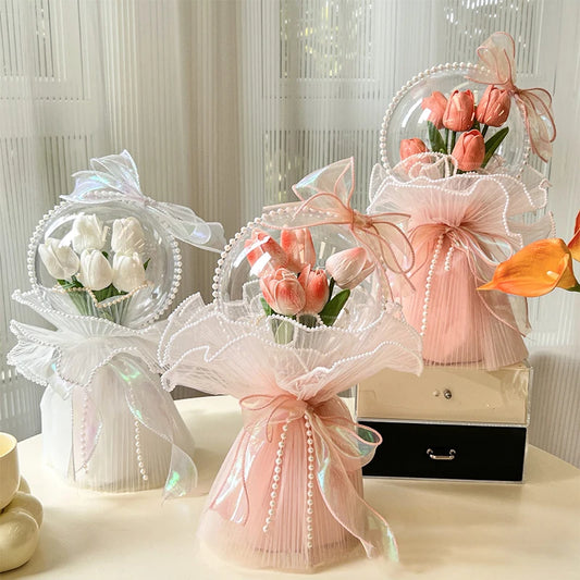 Artificial Flower Tulip Bouquet 5Heads Real Touch Fake Flower Wedding Birthday Party Decoration Mother's Day Pearl Bouquet Gifts