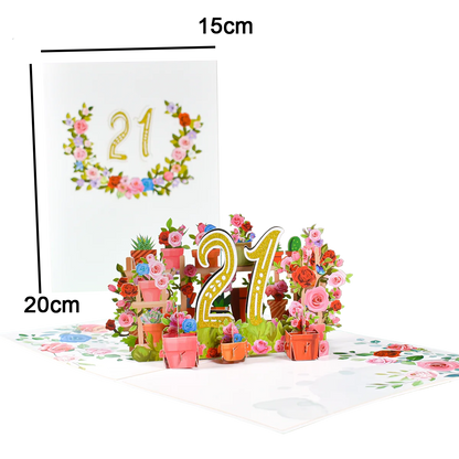 Tarjeta de aniversario emergente con números 1, 10, 28, 21 y 30 en 3D para cumpleaños, bodas