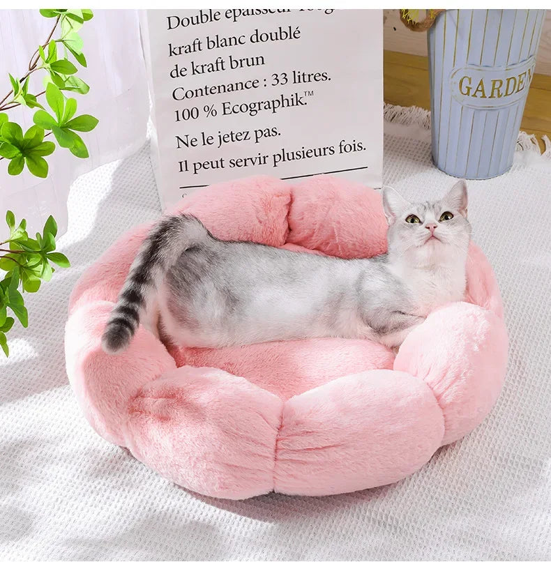 Cama de felpa para mascotas, cálida y relajante para el invierno, con forma de dona para gatos y perros, cojín antiansiedad para dormir profundamente, cama para gatos con forma de flor, nido grueso para acurrucarse