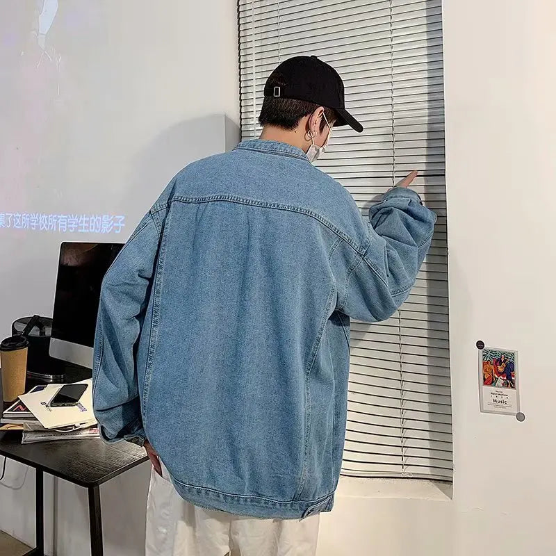Black Denim Short Jacket Men Turn Down Collar Bomber Jacket Jeans Coats Casual Pockets Overalls Streetwear Man Clothing Outwear