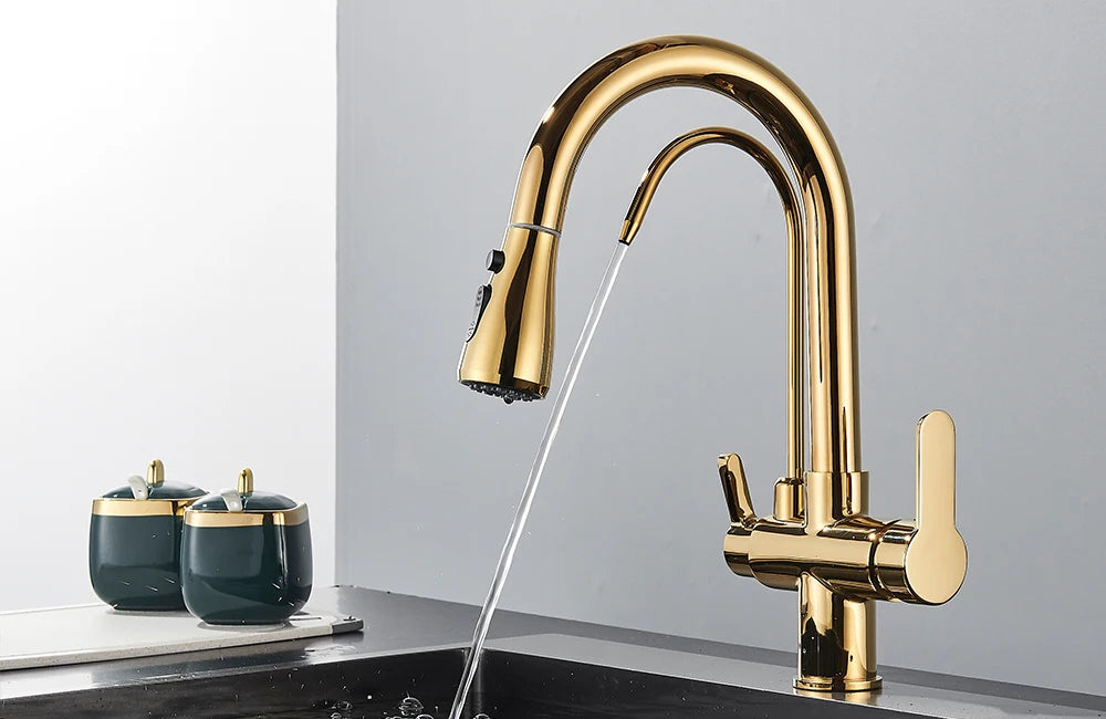 Grifo de cocina con filtro negro extraíble con rotación de 360 ​​grados y grifo mezclador de fregadero de tres vías