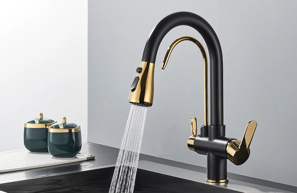 Grifo de cocina con filtro negro extraíble con rotación de 360 ​​grados y grifo mezclador de fregadero de tres vías