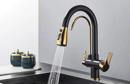 Grifo de cocina con filtro negro extraíble con rotación de 360 ​​grados y grifo mezclador de fregadero de tres vías