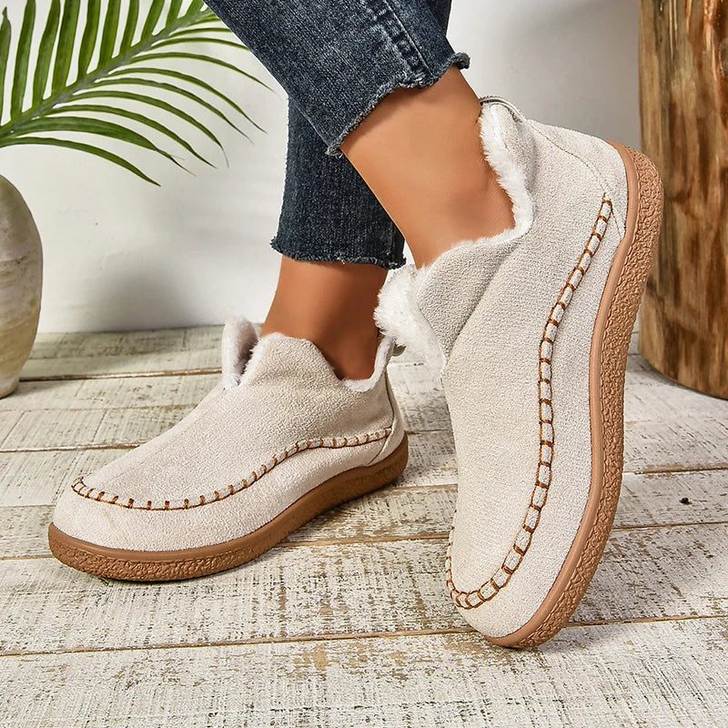 2024 New Hot Sale Suede Leather Ankle Boots Women Round Toe Thicken Fuzzy Snow Boots Comfortable Flat Anti-Slip Booties Mujer