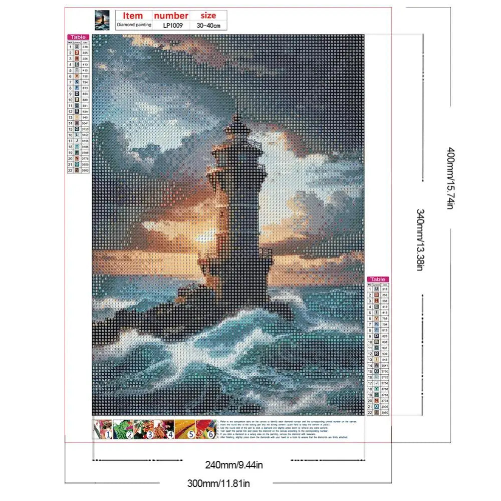 5D DIY Full Round Drill Diamond Painting Seaside Lighthouse Home Decor 30x40cm