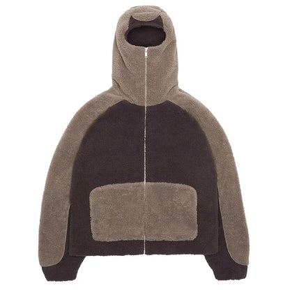 Autumn Winter Lamb Wool Fashion Loose Men's Jacket Contrast Patchwork Hooded Zipper Coat Plush Thicking Warm Couple Clothing