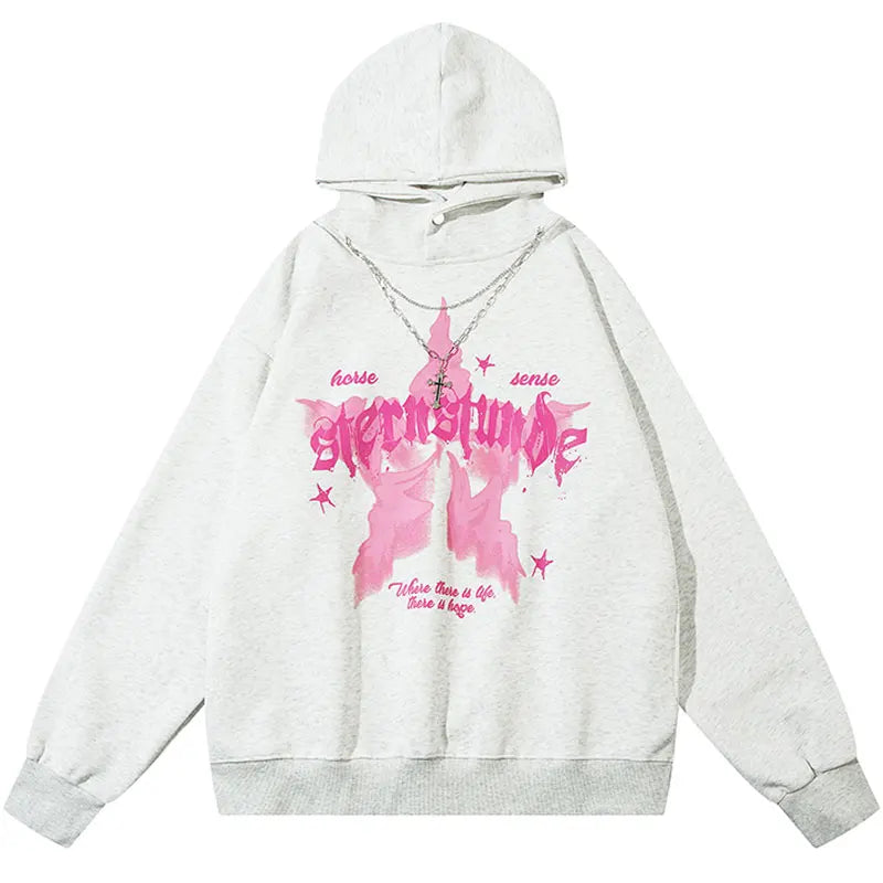 Oversized Hoodie Grunge Vintage Star Graphic Printed Hooded Sweatshirt with Chain Hip Hop Punk Gothic Baggy Pullover Streetwear