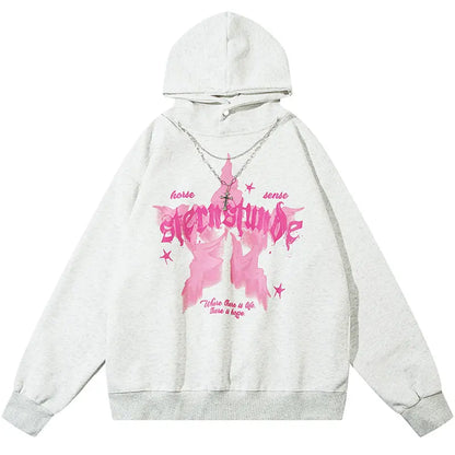Oversized Hoodie Grunge Vintage Star Graphic Printed Hooded Sweatshirt with Chain Hip Hop Punk Gothic Baggy Pullover Streetwear