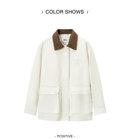 Semir Coat Women Medium Length Color-Blocking Corduroy Collar Retro 2024 New Autumn Embroidery Loose Fashion Jacket