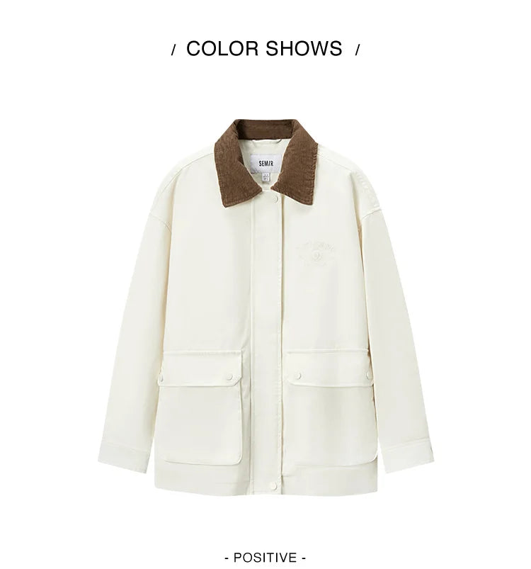 Semir Coat Women Medium Length Color-Blocking Corduroy Collar Retro 2024 New Autumn Embroidery Loose Fashion Jacket