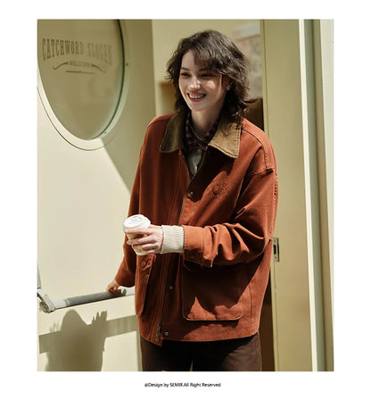 Semir Coat Women Medium Length Color-Blocking Corduroy Collar Retro 2024 New Autumn Embroidery Loose Fashion Jacket