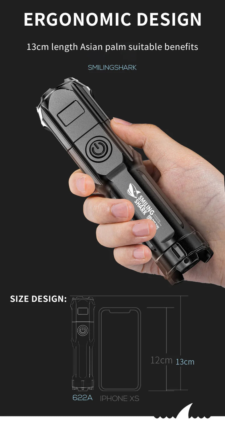 Outdoor Strong Lighting Flashlight Work Light Highlight Rechargeable Zoom Tactical Outdoor Night Camping Portable LED Torch Lamp