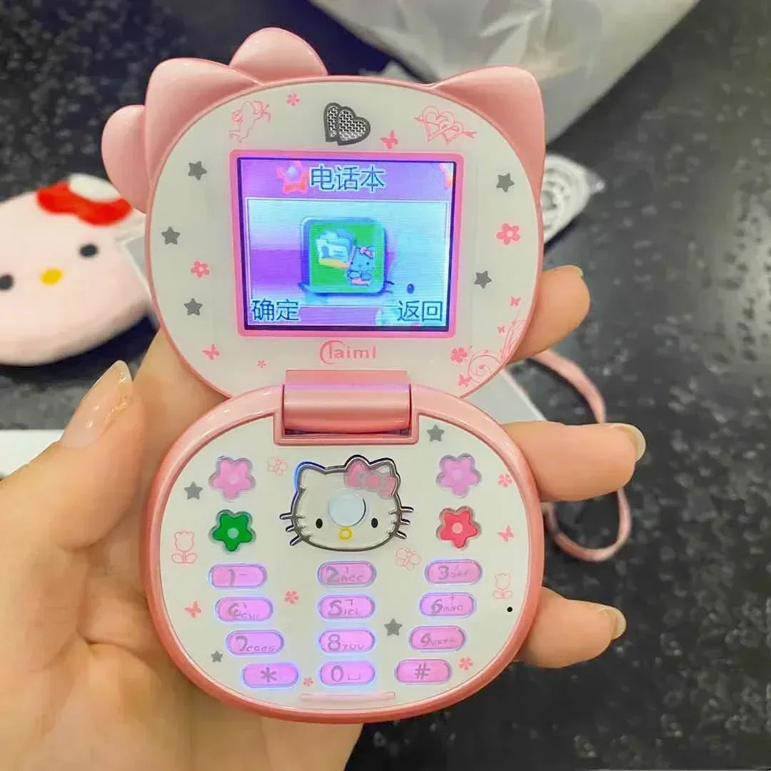 Sanrio Hello Kitty Flip Phone New Cartoon Cute Children White Pink Kawaii Mini Phone Children Birthday Gifts Fashion Model Toys