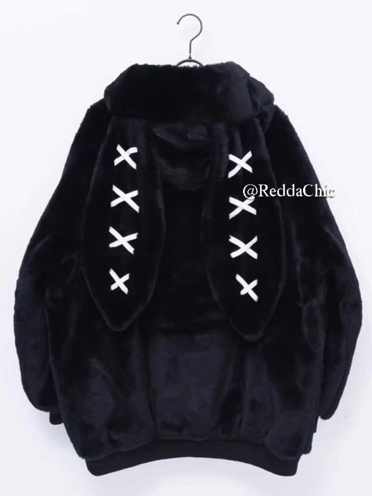 REDDACHiC Rabbit Ear Hooded Plush Coat Women Black Long Sleeve Zip Up Faux Fur Thick Warm Oversize Jacket Lolita Winter Clothes