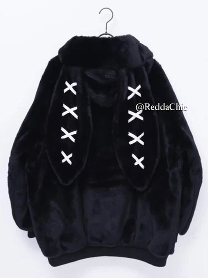 REDDACHiC Rabbit Ear Hooded Plush Coat Women Black Long Sleeve Zip Up Faux Fur Thick Warm Oversize Jacket Lolita Winter Clothes