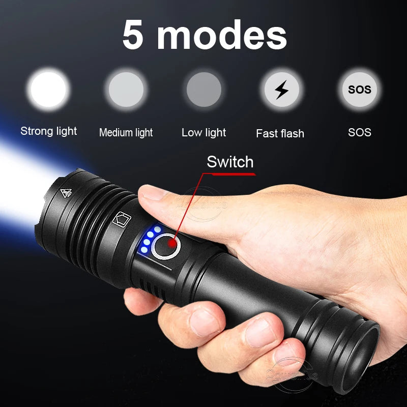 Linterna LED de alta potencia XHP 120, linterna con batería 18650 26650, recargable por USB, con zoom, para emergencias, acampadas al aire libre y pesca