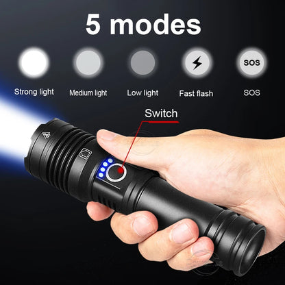 Linterna LED de alta potencia XHP 120, linterna con batería 18650 26650, recargable por USB, con zoom, para emergencias, acampadas al aire libre y pesca