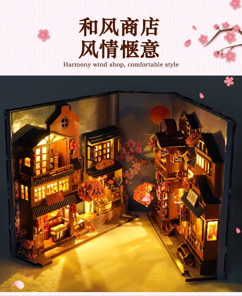 3D Wooden Puzzle DIY Book Kit Bookend Shelf Insert Alley Miniature Dollhouse Model Building Set Craft for Home Decoration P541