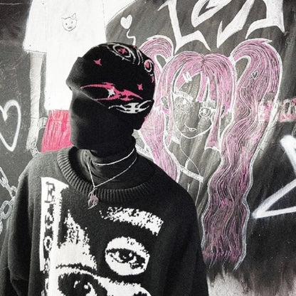 Gorro de punto de lana acrílica con patrón gótico Y2K para mujer, gorro de jacquard a prueba de viento, cálido, estilo hip hop, grunge, informal, para exteriores