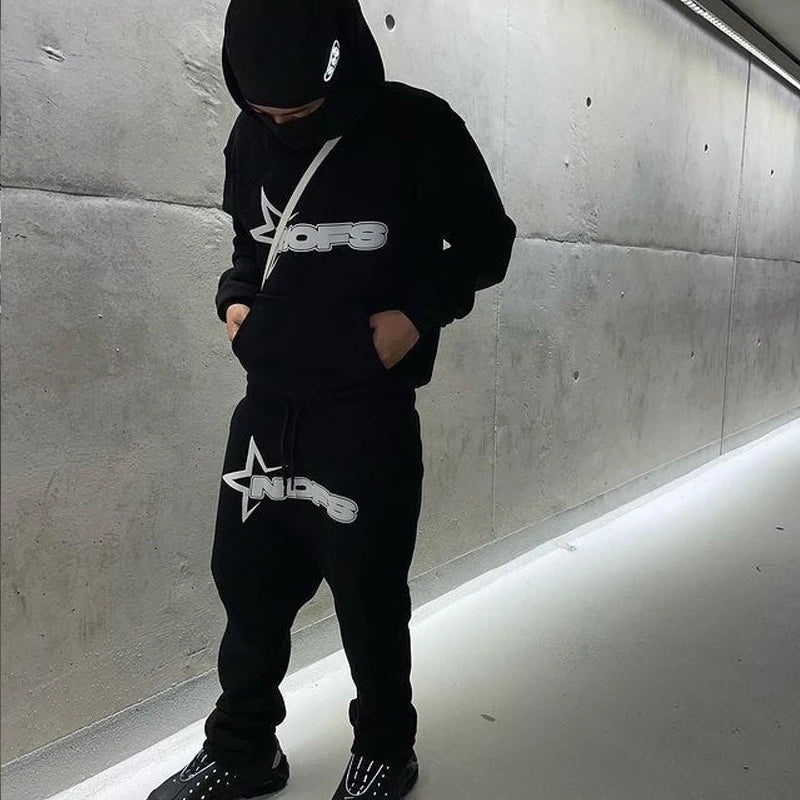 2024 New 2 Piece Set Letter Printing Streetwear Y2K Men's Hip Hop Oversized Hoodie Sweatshirt Sweatpant Casual Pants Sportswear