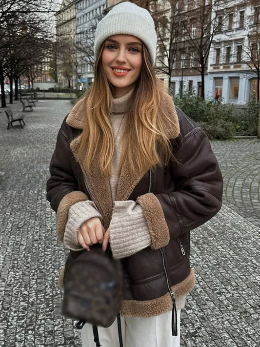 Chaqueta cálida de lana de cordero para mujer de ZBZA, abrigo de piel gruesa de estilo vintage con solapa y cremallera y manga larga con bolsillo, abrigo elegante de invierno