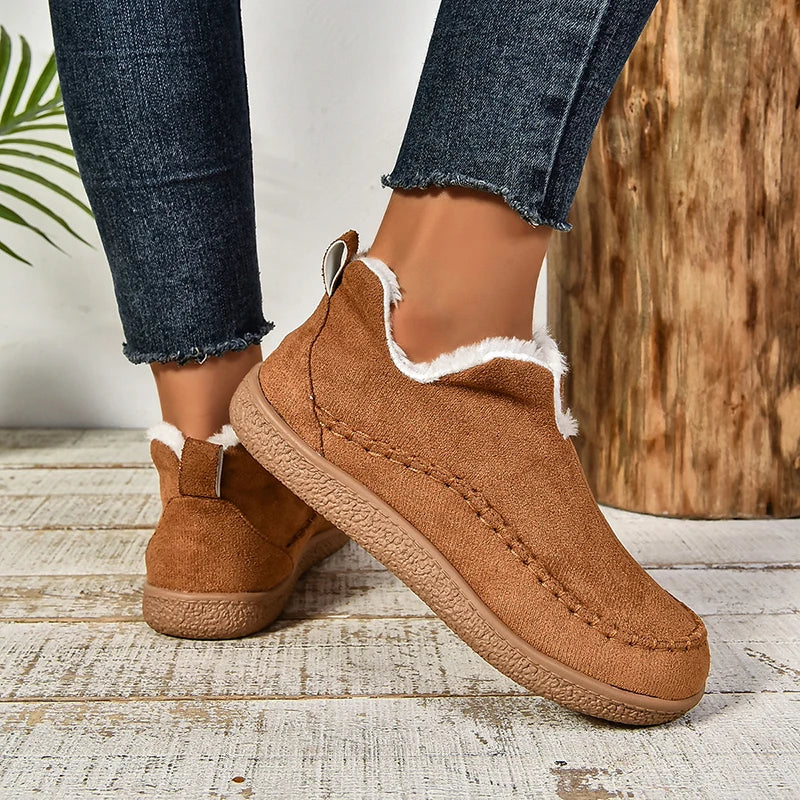 2024 New Hot Sale Suede Leather Ankle Boots Women Round Toe Thicken Fuzzy Snow Boots Comfortable Flat Anti-Slip Booties Mujer