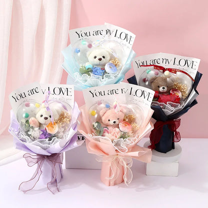 Artificial Rose Flower Bouquet Doll Bear Birthday Party Mother's Day Gift Wedding Bouquet Romantic Appointment Decor Accessories