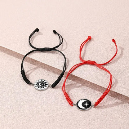 2Pcs Romantic Couple Bracelet Stainless Steel New Sun and Moon Lovers Charm Bracelet Glow in The Dark Adjustable Woven Bracelet