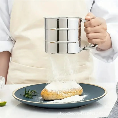 Stainless Steel Flour Sifter Powder Sieve Handheld Flour Sifter Powder Sieve Cup Double-Layer Hand Filter Powder Sieve Hand-Cran
