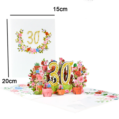 Tarjeta de aniversario emergente con números 1, 10, 28, 21 y 30 en 3D para cumpleaños, bodas