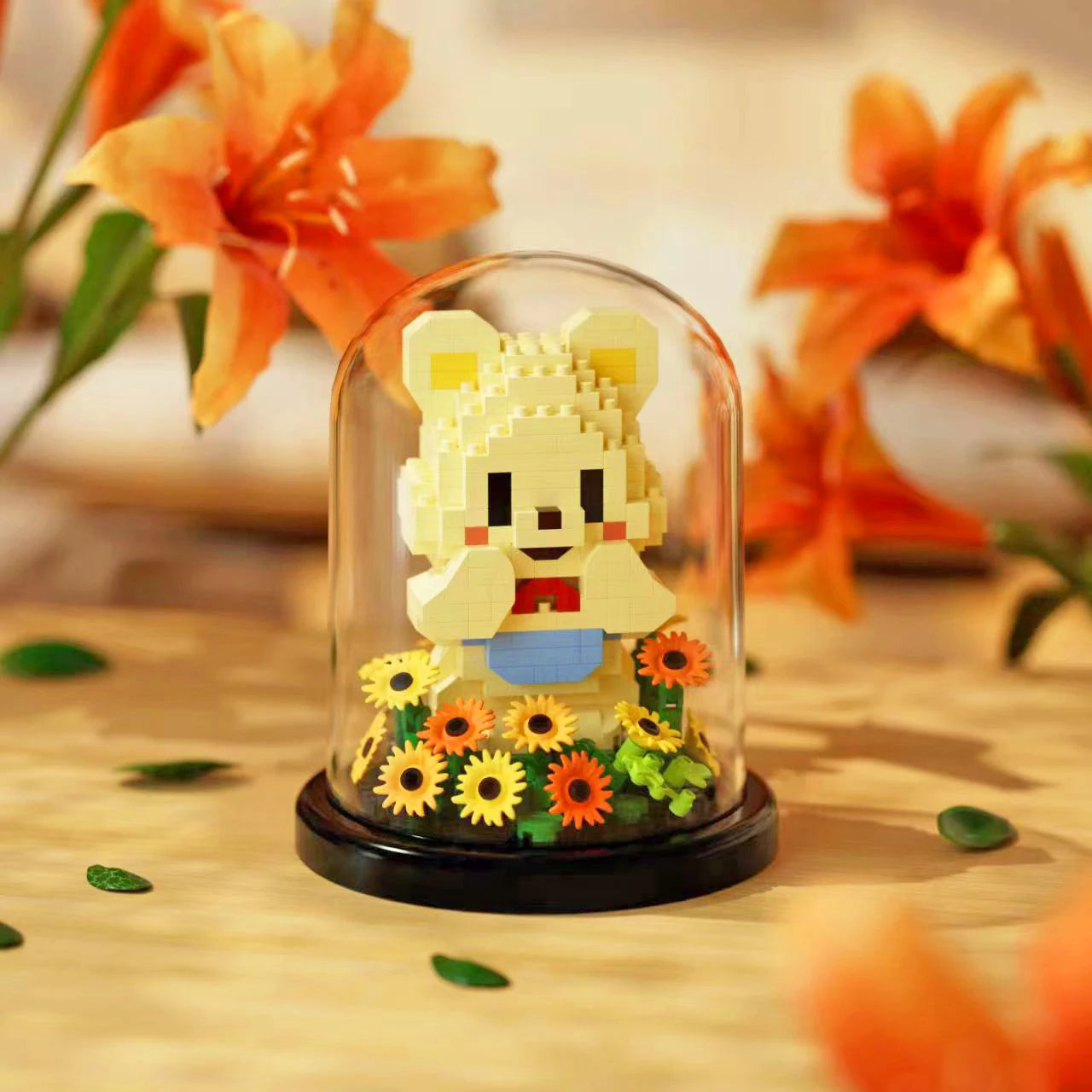 Animal potted plant assembly block with dust cover, sunflower rose flower block, puppy eternal flower assembly ornament toy